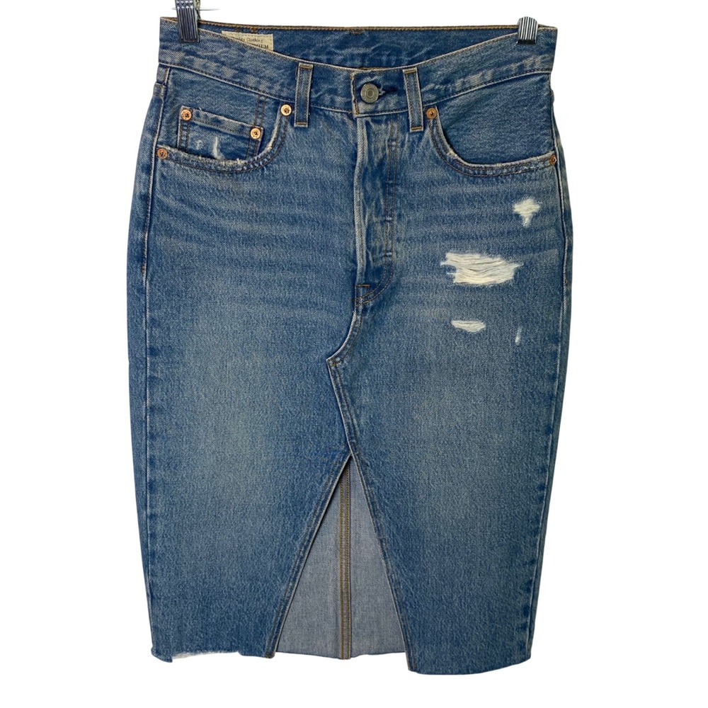 Levi's Premium Denim Pencil Midi Skirt Womens 25 Blue Distressed Raw Hem Classic